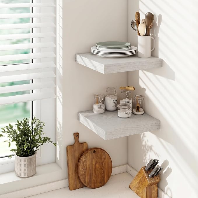 Vivelove 12" Deep Floating Shelves 24x12” Set of 2, White Birch | Easy Install With Hardware, 2" Thick, Invisible Brackets, Wall Mounted, No Sagging, For Any Room