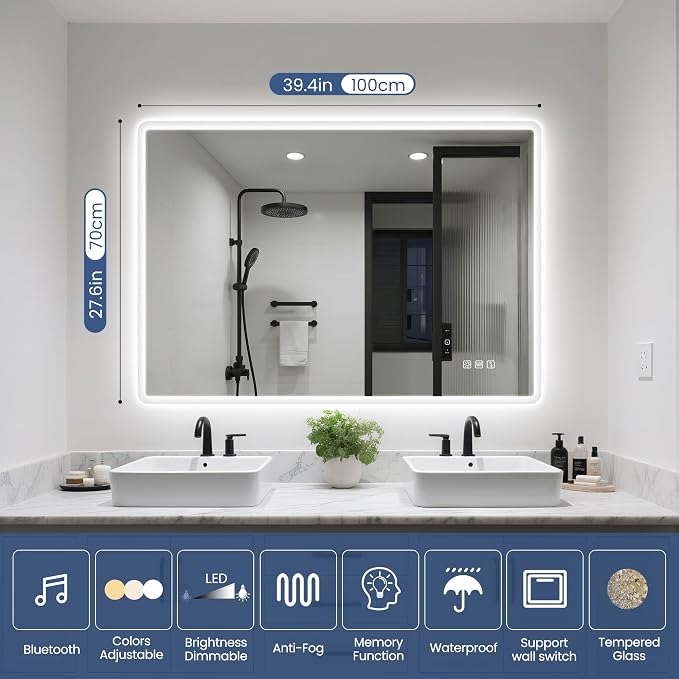 STARLEAD 40"x28" LED-Bathroom-Mirror-with-Lights, Wall-Mounted with Bluetooth Speaker, Anti-Fog, 3 Color Temperature, Dimmable Brightness, Waterproof, Tempered Glass, Frontlit & Backlit | 3 Color Temperature, Stepless Dimming, Anti-Fog, Touch Control, ...