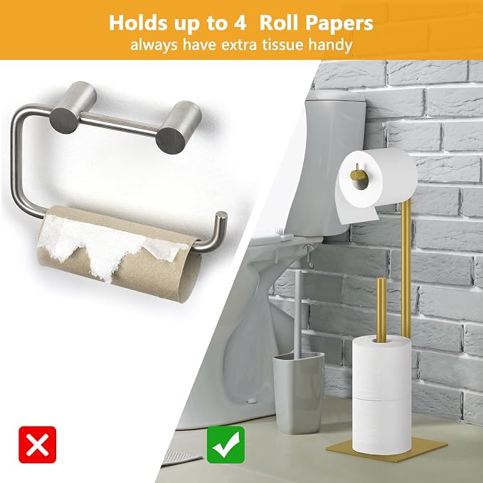 Toilet Paper Holder Stand Beige Gold Free Standing TP Holder, Metal Toilet Paper Roll Holder with Reserve Bathroom Tissue Storage Holder, Beige Gold