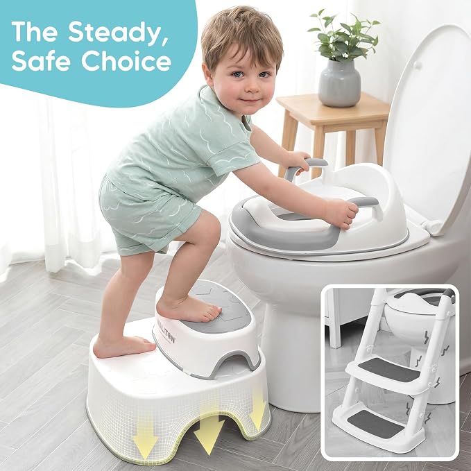 Maliton Potty Training Toilet Seat & Step Stool, 2-in-1 Anti-Slip Grey | Potty Seat + Separate Step Stool, Adjustable Fits More Toilets, Anti-Slip, Sturdy, Splash Guard, Easy clean,Boys & Girls.