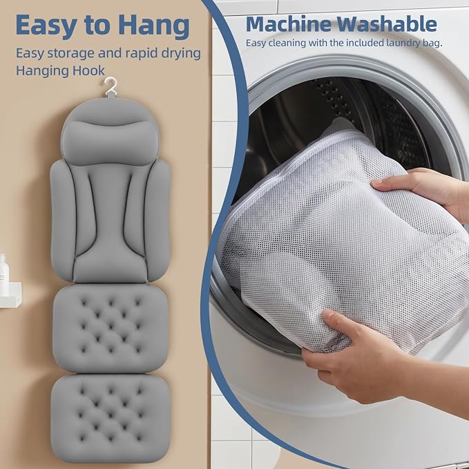 Full Body Bath Pillow for Tub, Ergonomic Head Neck Back Support, 192 Non-Slip Suction Cups, Thick Cushion with Laundry Bag, Fits Most Bathtub, 56"x16" Grey