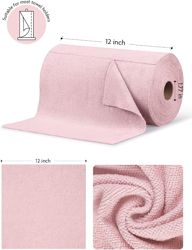 Fantasticlean Microfiber Cleaning Cloth Rolls- 675 Sheets (9 Rolls of Pink) | 12'' by 12'', Super Absorbent, Lint-free, Tear-away Microfiber Towel Roll, for All-Purpose Cleaning