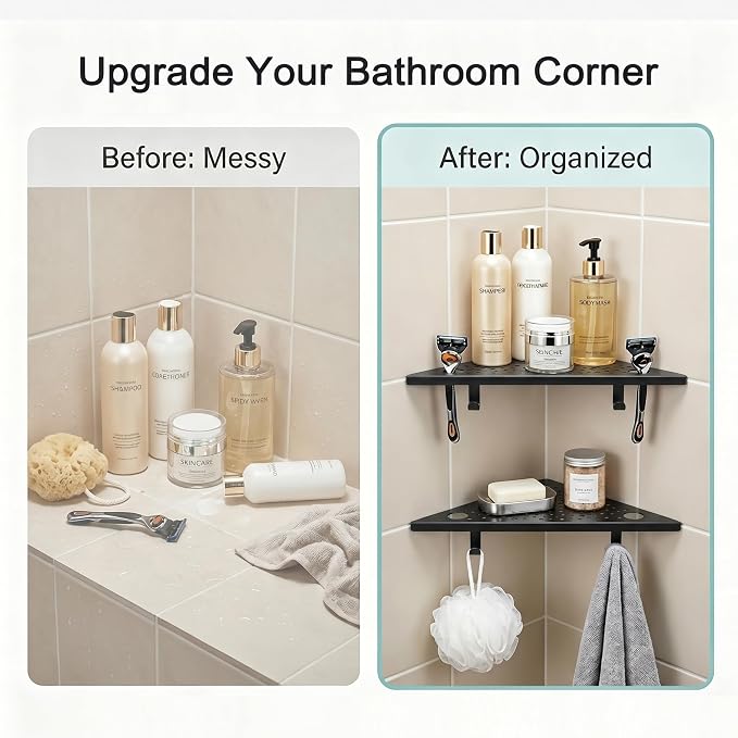 HIDROP Matte Black Corner Shower Shelves with Hooks and Razor Holes, 2 Pack | 4 Hooks & 4 Razor Holes, 10" Bathroom Corner Shelf, 1.5mm Thickened Stainless Steel, Fast Drainage, Tiled Shower Corner Shelf