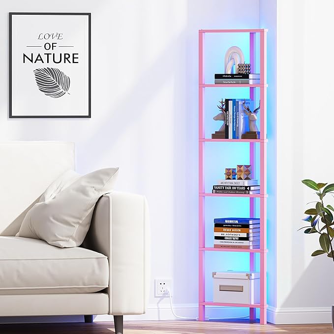 TUTOTAK Corner Shelf with LED Light, 6-Tier Corner Bookshelf | for Small Space, Narrow Display Corner Shelf Stand with Storage Rack, for Living Room, Bedroom, Pink BS05BP006L