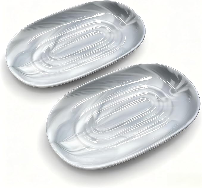 Ceramic Marble Pattern Soap Dish, Textured Raised Soap Saver Tray for Shower Bathroom Kitchen Sink Vanity, Easy to Clean Multi-Use Holder for Bar Soap Jewelry Rings Keys, Grey (2 Pack)