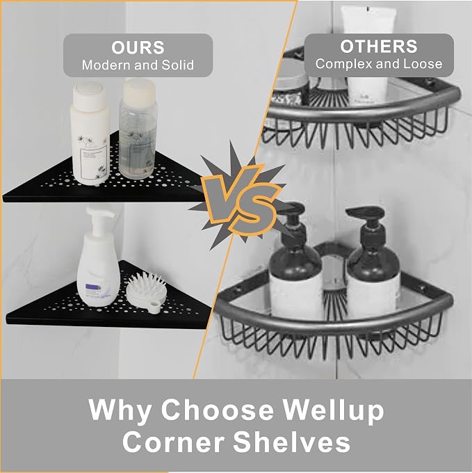 WELLUP Shower Corner Shelf 2 Pack,10" Shower Shelf for Tiled Wall Black | 304 Stainless Steel Corner Shower Shelf,Shower Corner Shelf for 90°Tiled Wall,15 lbs Capacity,Hollowed Drainage,Easy Install