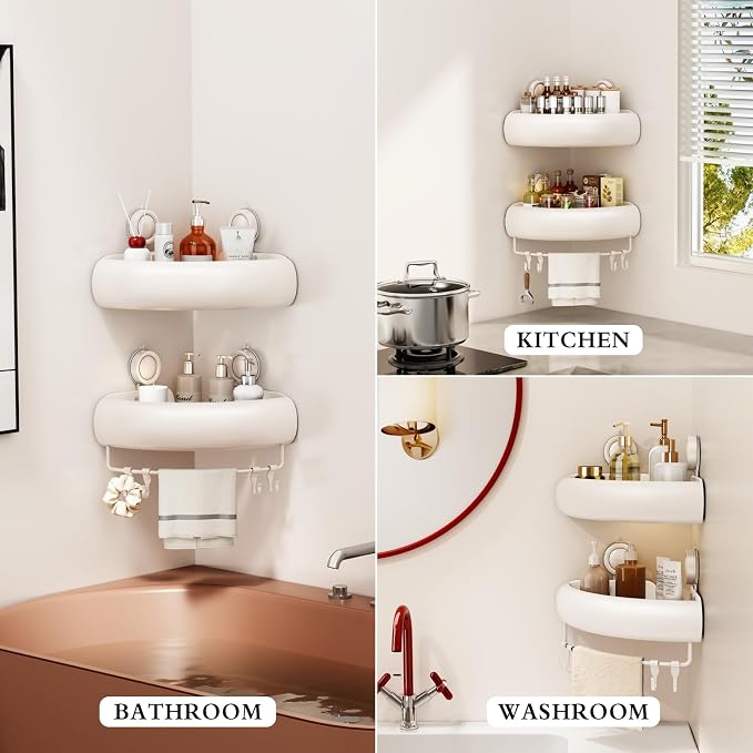 CICUFY Shower Caddy Suction Cup, 1 Pack No Drilling Corner Shower Shelves, Rust Proof Bathroom Storage Organizer, Shower Corner Caddy with Removable Hooks and Towel Bar, Triangle, Cream