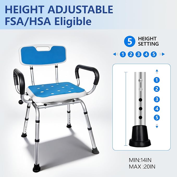 Swivel Shower Chair with Handle 500lbs Capacity Adjustable Arms & Back | 360° Swivel, 5-Level Height Adjust, Non-Slip Feet, Tool-Free Assembly With Extra Suction Bath Grab Bar
