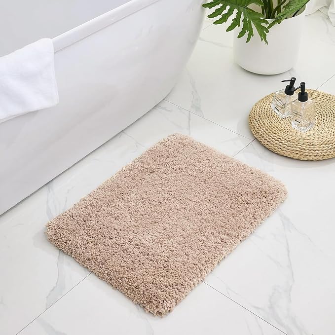 Bathroom Rugs Non Slip Washable, Ultra Thick Soft Microfiber Absorbent Bath Mats, High Density Foam Latex Non Slip Backing Bath Rugs, Fluffy Floor Carpet for Tub&Shower 24x17, Beige