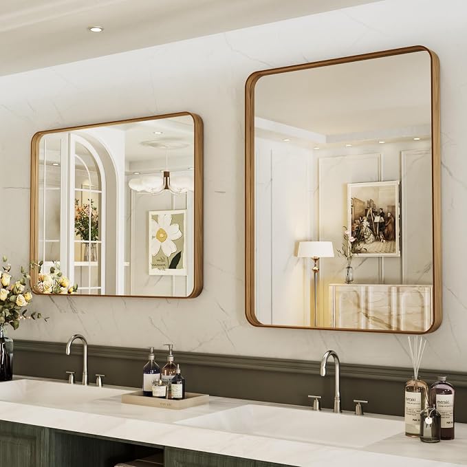 LOAAO 22X30 Inch Bathroom Mirror with Wood Grain Colored Metal Frame | Rounded Rectangle, Anti-Rust, Hangs Horizontally or Vertically