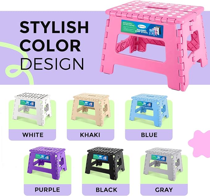 Dyforce Kids Step Stool 9 Inch, 300lbs Folding Step Stool for Toddler | Step stool Pink,Anti-slip Heavy Duty Stool with Handle, Lightweight Foldable Foot Stool for Bathroom Kitchen Bedroom Outdoor