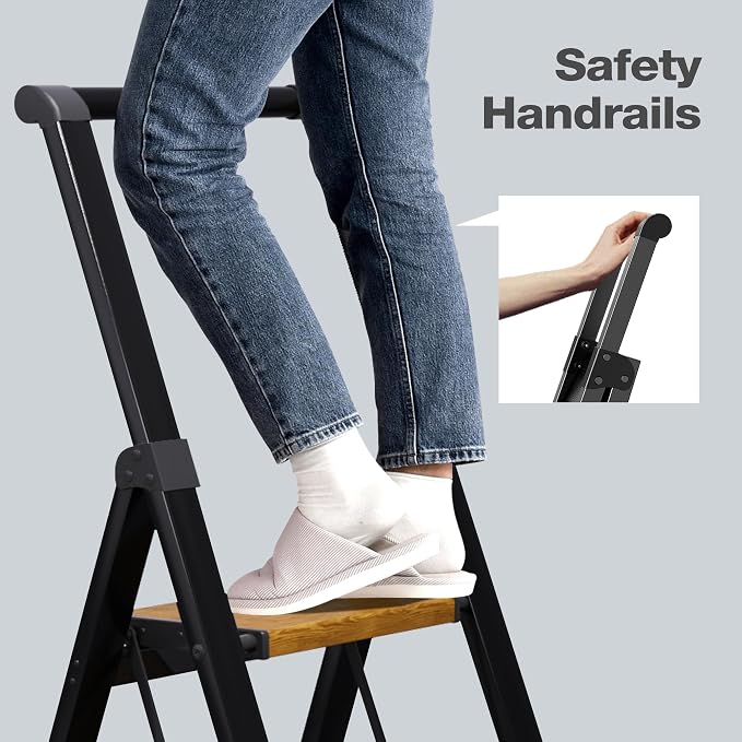 HillhutApex Aluminum 3 Step Ladder, Step Stool Foldable(Black Woodgrain) | Anti-Slip Pedals,330lbs Capacity,Lightweight Folding Ladders for Home,Office,Libaray