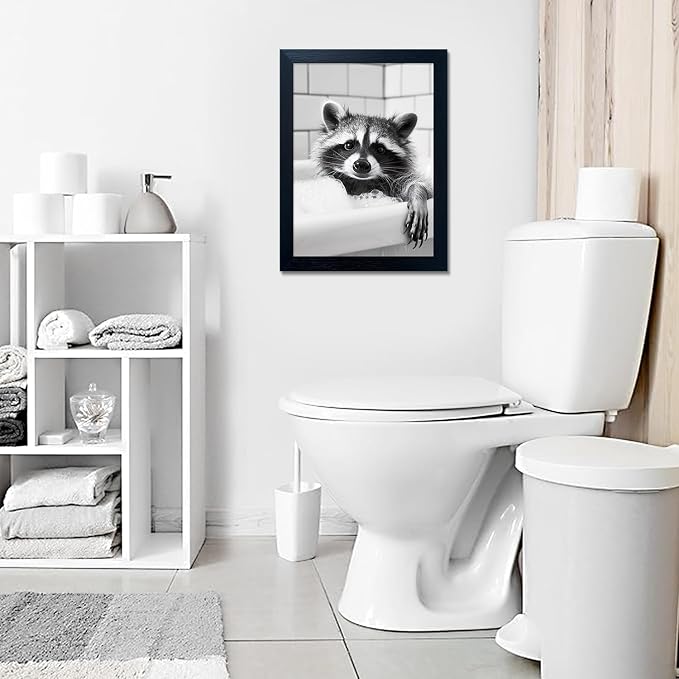 Raccoon Bathroom Decor Wall Art Funny Animal Wall Art Framed Black And White Farmhouse Pictures Cute Animal Print Painting Kids Room Decor