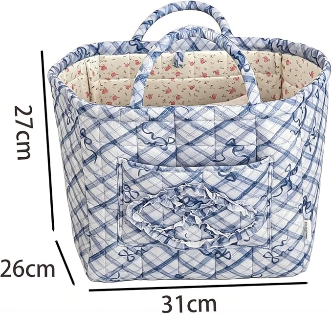 Storage Basket Boho Fabric Large Collapsible Floral Laundry Nursery Hamper Portable Folding Storage for Clothes Toys (Blue Bow)