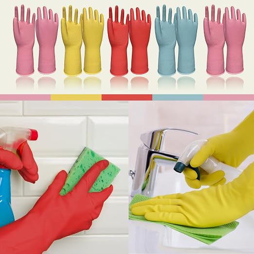 Cleaning Gloves Dishwashing 5 Pairs Reusable Non Slip Rubber Kitchen Small | 12.6-Inch Cuff, Textured Anti-Skid Palm Grip, Soft Skin-Friendly Rubber, 4-Color for Multi-Use, Easy Pull-On Flexible Fit