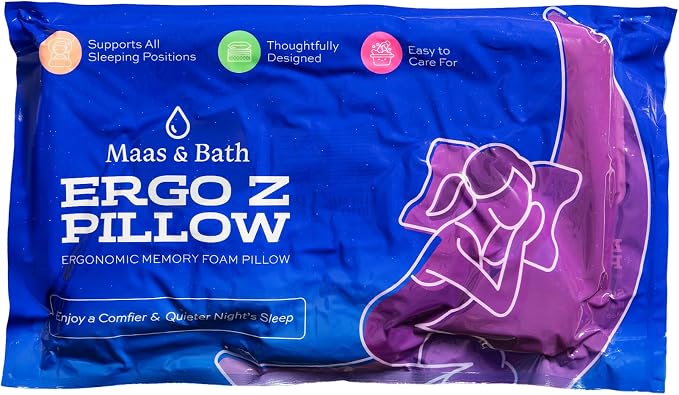 MAAS & BATH Ergo Z Pillow - 2-in-1 Ergonomic Pillow Made for Any Sleep Position, Breathable 100% Memory Foam, Inner Cover, Lightweight, Non-Toxic, Odorless Sleep-Friendly Support