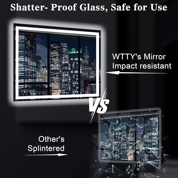 WTTY 55" x 30" LED Bathroom Mirror with Light | Anti-Fog, Dimmable, 3 Color Temperature, Memory Function, Tempered Glass, IP54 Waterproof, ETL Listed