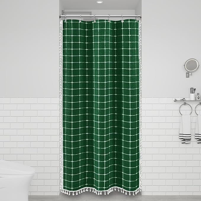 Stall Boho Farmhouse Linen Shower Curtain Set, 36x72, Emerald Green | Half Size, 330GSM Linen Blend, 3-side Tassels, Water Repellent Fabric, 6 Plastic Hooks, Rustic Bohemian, Machine Washable