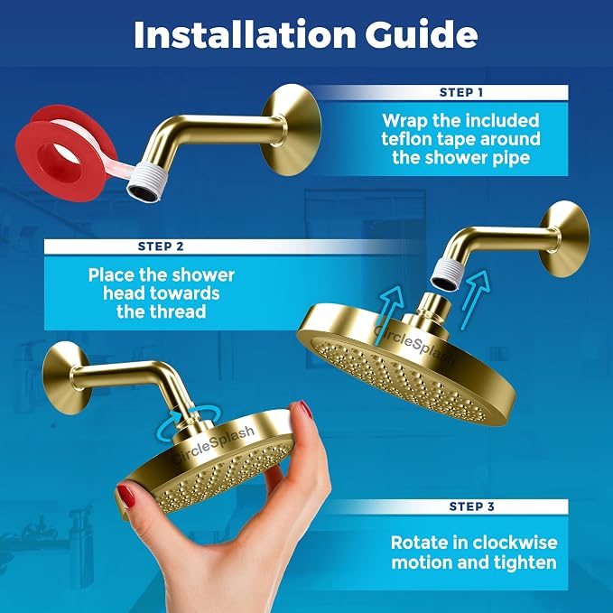 Shower Head - High Pressure 2.5 GPM - Gold | Anti-clog silicone nozzles, removable restrictor, easy-clean fixed replacement