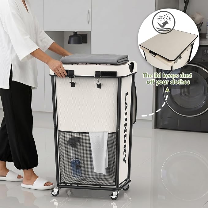 Laundry Hamper with Wheels and Lid, 110L Large Rolling Laundry Basket White | Heavy Duty Clothes Organizer, Sturdy Metal Frame, Lockable Swivel Casters, Removable Bag, For Bedroom, Bathroom, Laundry Room