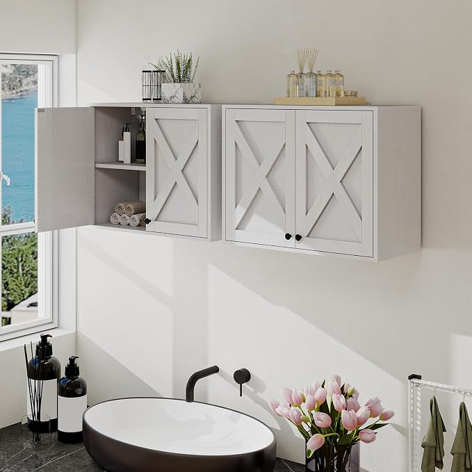 YOURLITE Laundry Cabinet, Medicine Cabinet, Bathroom Kitchen Storage Wall Mounted Farmhouse Organizer with Shelves Over Toilet, One Set of 2 Pieces X 24", White