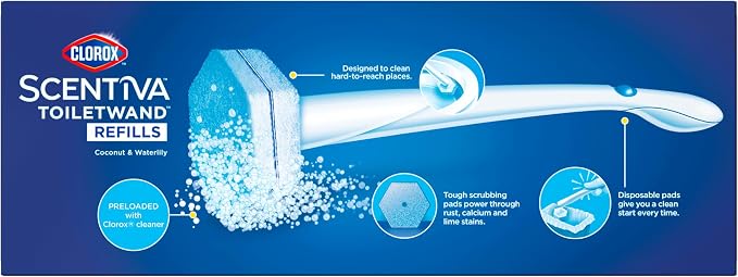 Clorox Scentiva ToiletWand Refills, Coconut and Waterlily, 10 Count | Disposable Toilet Brush Scrubbing Pads, Eliminates Hard Water and Lime Stains 2X Better than a Manual Brush