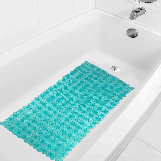 WELTRXE Non Slip Bath Mat Pebbles Bathtub Mat with Suction Cups, Drain Holes for Bathroom Showers, Tub, 35 x 16 Inches Machine Washable Bathroom Mats BPA, Latex Free Safe Shower Mats - Teal