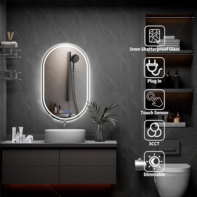 Oval LED Bathroom Mirror, 24"x 48" Frameless Lighted Mirror | LED Mirror with Front Light & Backlit, Anti-Fog, Dimmable Wall Mounted Lighted Mirror, Pill-Shaped Smart Bathroom Mirror
