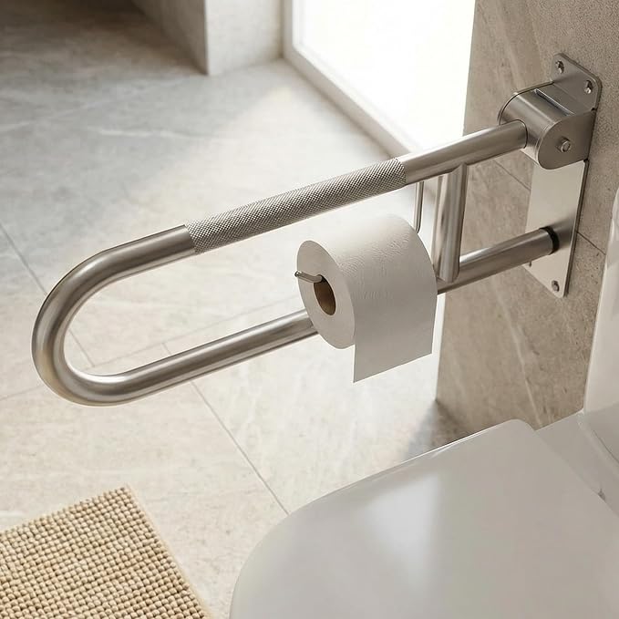 26-Inch Foldable Toilet Grab Bar – 90° Flip-Up Design, Premium 304 Stainless Steel, Anti-Slip Grip with Built-in Paper Holder, Wall-Mounted Handicap Safety Rail, Supports 350–400 lbs