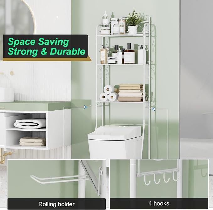 HOME BI Over The Toilet Storage Shelf, 3-Tier Over Toilet Bathroom Organizer Rack, Freestanding Space Saver Toilet Stands with Hooks (White)