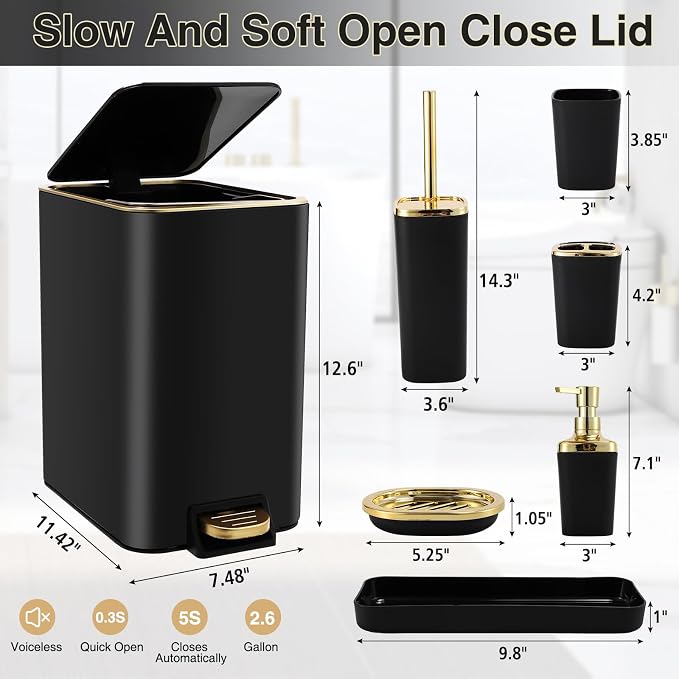 XLHOMO Black Bathroom Accessories 8 Piece Black and Gold Bathroom Set, Bathroom Accessories with Stainless Steel Bathroom Trash Can,Toilet Brush,Toothbrush Set,Soap Dispenser