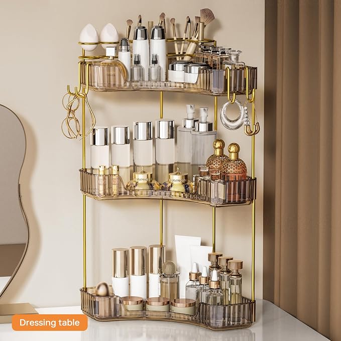 3-Tier Corner Bathroom Counter Organizer,Makeup & Skincare Shelf with Built-in Brush Holder,Space-Saving Bathroom Countertop Organizer for Skincare, Perfume, Cosmetics(Amber)