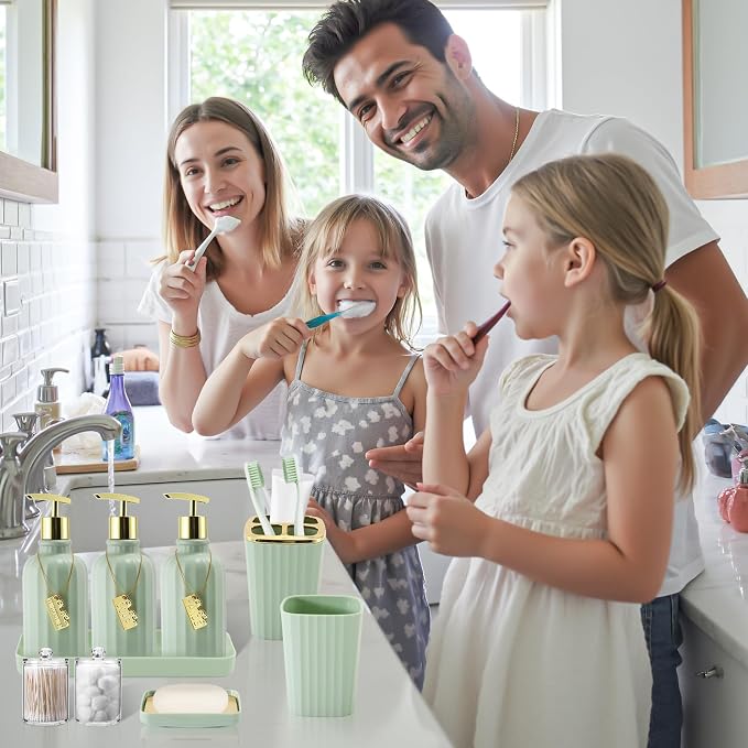 21PCS Bathroom Sets with Shower Curtain and Rugs Bathroom Accessories Set Dark Green Bathroom Set Complete with Trash Can, Toilet Brush, Qtip Holder & 3PCS Soap Dispenser
