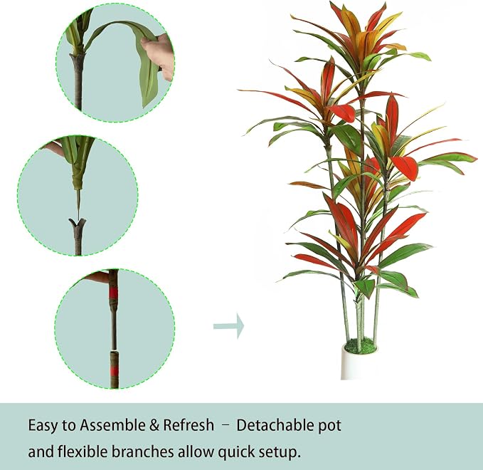 Artificial Dracaena Tree Red 5FT - Faux Trees Indoor with Natural Leaver and Resin Trunk- Large Floor Fake Trees for Living Room, Office Decor