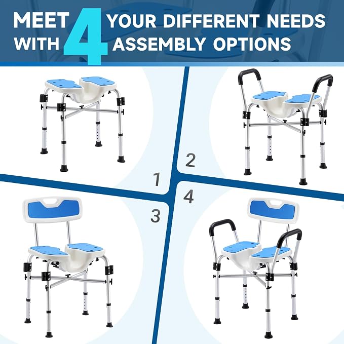 U-Shaped Shower Chair for Inside Shower, Adjustable Chair with Arms & Back | FSA/HSA Eligible, 600lb Capacity, Crossbar Design, Adjustable Height, Tool-Free, Non-Slip Bath Chair for Elderly and Disabled