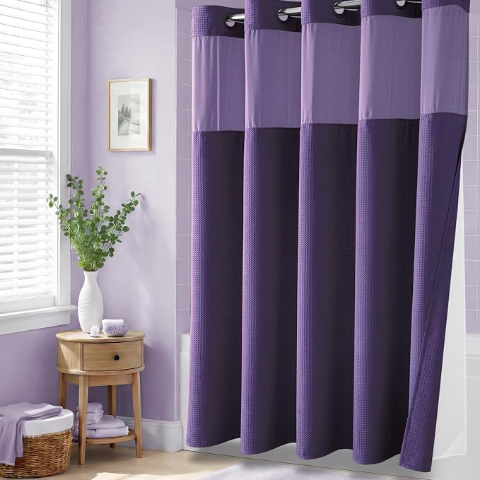 Purple Hook Free Waffle Shower Curtain & Snap Fabric Liner,72x75 | Less Time to install, 3 in 1 Fabric Shower Curtain and Liner Set with Magnets, Mesh Top Window, Shower Curtains for Bathroom