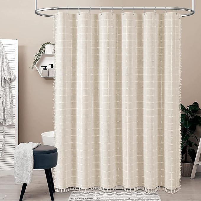 108x72 Boho Farmhouse Linen Heavy Duty Shower Curtain Set, Cream/Beige | Extra Wide Size, 330GSM Linen Blend, 3-side Tassels, Waterproof Fabric, 18 Plastic Hooks, Rustic Bohemian, Machine Washable