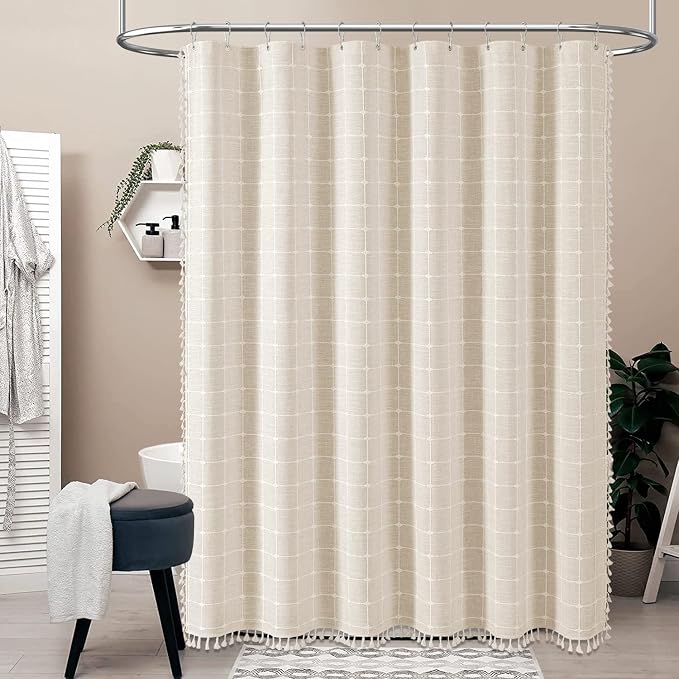 48x72 Boho Farmhouse Linen Heavy Duty Shower Curtain Set, Cream/Beige | Stall Size, 330GSM Linen Blend, 3-side Tassels, Water Repellent Fabric, 8 Plastic Hooks, Rustic Bohemian, Machine Washable