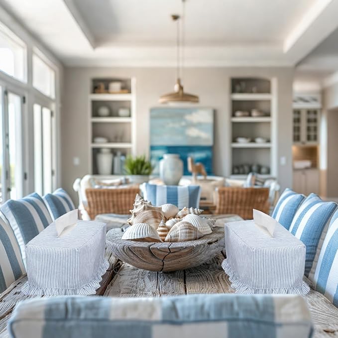 Sawysine Fabric Coastal Tissue Box Cover Rectangular Light Blue White Linen Tissue Box Cover Decorative Beach Napkin Holder for Home Bedroom Living Room Bathroom Office Kitchen, 9.8 x 5.4 x 4.2 Inch