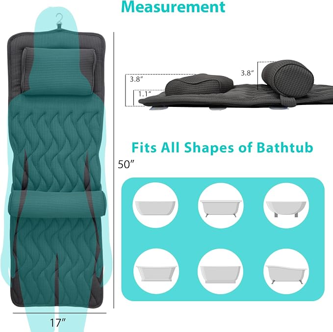 AEROiVi Full Body Bath Pillow Adjustable Lumbar Pillow 14 Suction Cups Gray | Relaxing Soft Bathtub Cushion with laundry bag 3D Air Mesh Fit Any Tub Bathroom Accessories Washable Quick-Dry