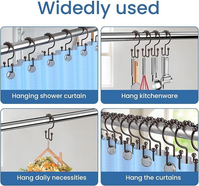 Bronze Shower Curtain Hooks Double Sided with Roller Balls | for Bathroom Rods, for Shower Curtain and Liner, Smooth Gliding, Rustproof Metal, Set of 12 Hooks