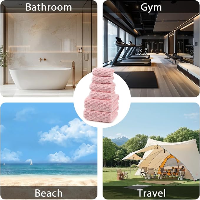 6-Piece Towel Set with 2 Bath Towels (28 x 55 Inches), 2 Hand Towels (14 x 30 Inches), and 2 Hair Wrap Towels (10 x 26 Inches), Soft and Breathable for Everyday Use(Pink)