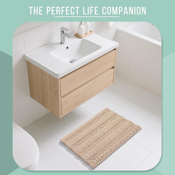 Yimobra Bathroom Rug Mat, Non Slip and Super Absorbent Bath Mat, Machine Washable Quick Dry, Ultra Plush Chenille Shower Rugs for Bathroom Floor Sink Tub and Shower Outside, Beige, 24 x 17