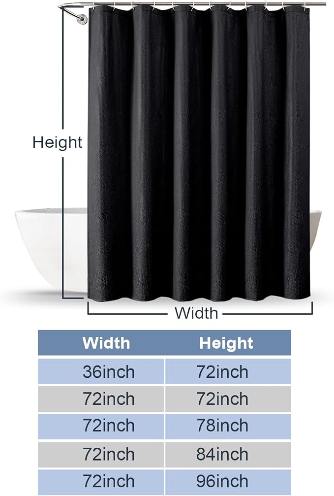 Black Shower Curtain for Bathroom 72x72 Inch, 3D Embossed Textured Waffle Fabric Shower Curtains, Soft Hotel Farmhouse Style, Water Repellent, Machine Washable, Black, 72" W x 72" L