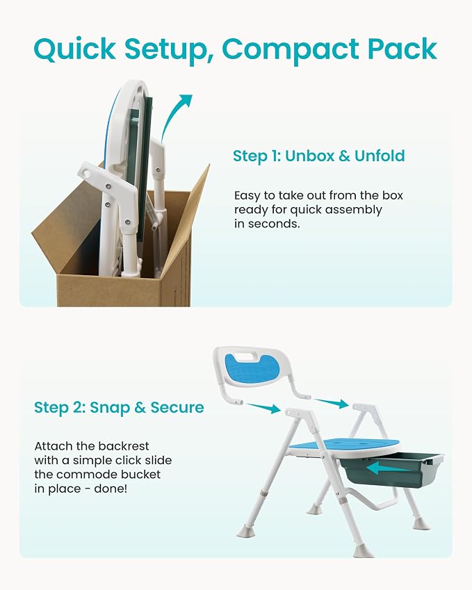 3-in-1 Folding Bedside Commode Toilet, Potty Chair for Adults & Seniors | arms and backrest add support; adjustable height improves fit; removable bucket eases overnight care, Blue, FSA/HSA Eligible;