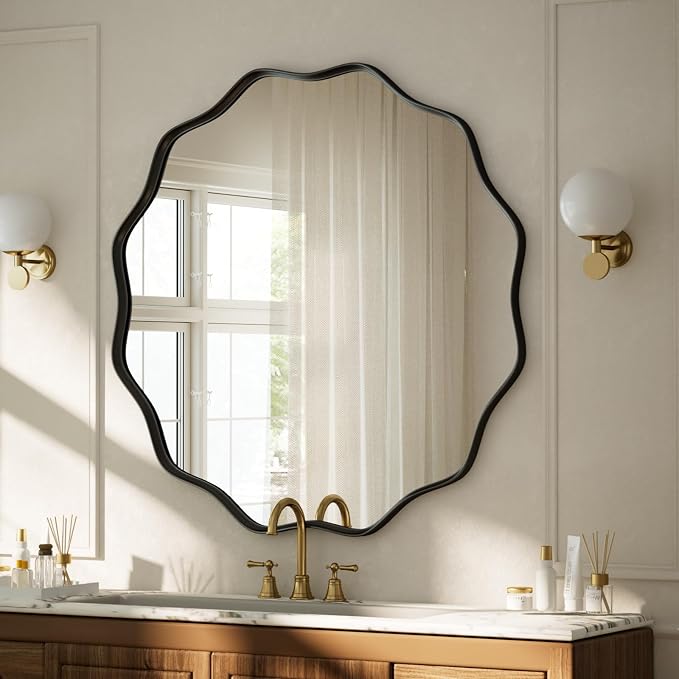 Black Scalloped Circle Mirror 30" Wavy Edge Round Wall Mirror | Tempered Glass Textured Circular Metal Deep Frame, Hanging Leaning for Bathroom, Hallway, Entryway, Living Room