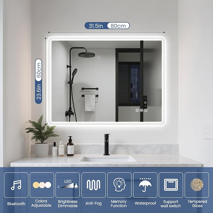 STARLEAD 24"x32" LED Bathroom Mirror with Bluetooth Speaker | 3 Color Temperature, Stepless Dimming, Anti-Fog, Touch Control, Vertical or Horizontal