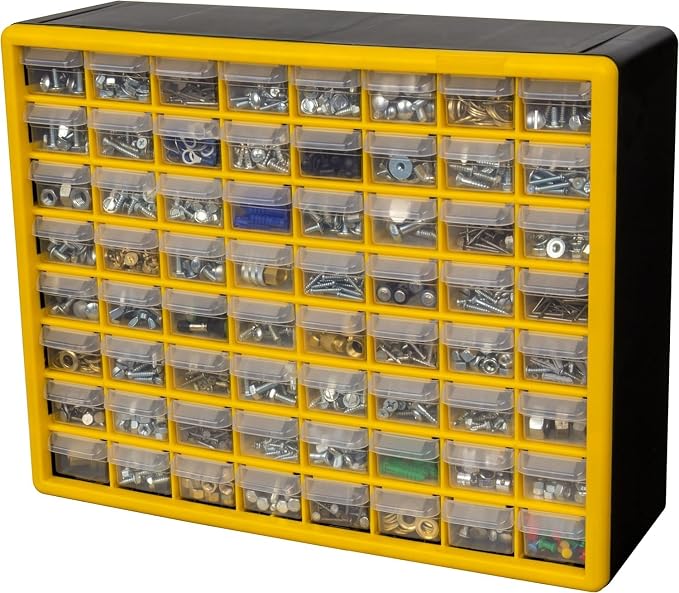 Akro-Mils 64-Drawer Plastic Storage Cabinet, 20"W x 6"D x 16"H, Yellow | Plastic Cabinet w/ Drawers for Garage Organization, Beads, Building Bricks Storage, Teacher Toolbox, Makeup Organizer, 10164