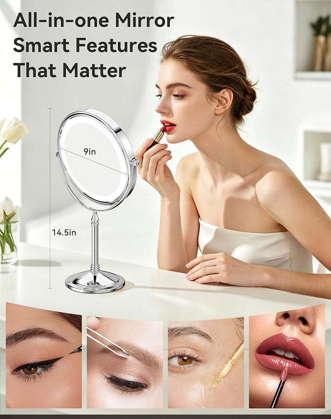 DOWRY 4000 mAh Rechargeable Lighted Makeup Mirror 20x Magnification Vanity Mirror Tabletop Two-Sided Swivel Gifts for Women Wife Mom Teengirls Mothers Day Chrome
