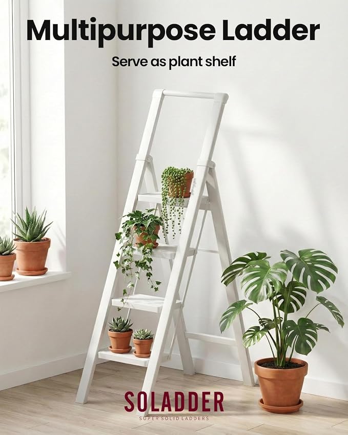 4 Step Ladder, Lightweight Folding Step Stool, Pure White | Reach 8ft;Anti-Slip Wide Pedal;Portable Handrail;Space-Saving;For Kitchen, Home, Library, Office Use;300lbs Capacity